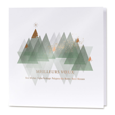 Carte de vœux entreprise très tendance sapins de Noël et motifs cuivrés (841.151)