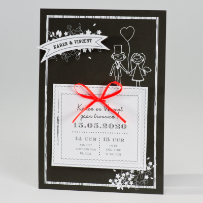 Zwart-wit kaart koppel met hartjesballon en fluo lint (106.028)