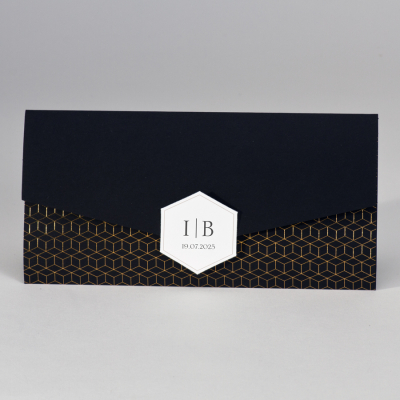 Langwerpige zwarte pochette met geometrisch patroon in koperfolie (108.066)
