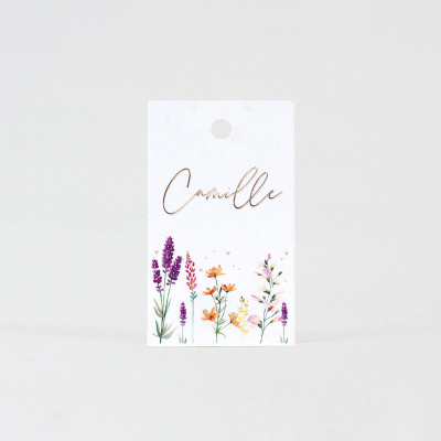 Label met paarse bloemen - personalisatie in folie (535.010)
