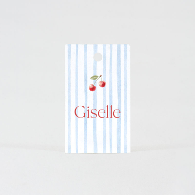 Label rode kersjes op blauw gestreept patroon (535.044)