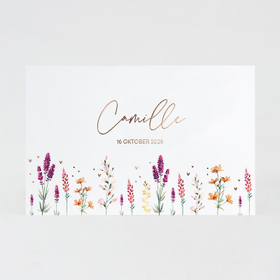 Langwerpig geboortekaartje met droogbloemen en roséfolie (585.010)