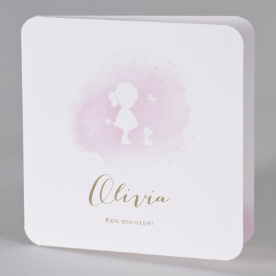 Lief geboortekaartje silhouet meisje in roze aquarel (589.045)
