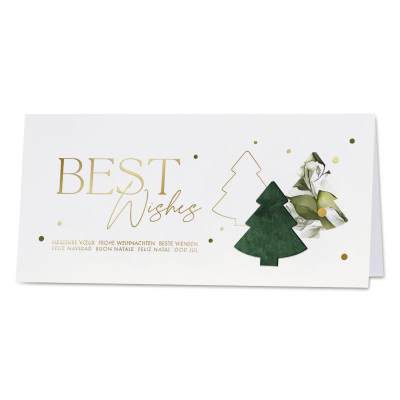 Warme kerstkaart Best Wishes met groen vilten boompje en goudfolie  (842.025)