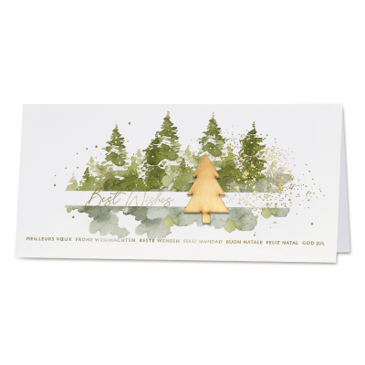Zakelijke kerstkaart aquarel met houten kerstboom en goudfolie  (842.029)