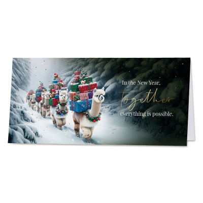 Zakelijke kerstkaart alpaca's met kleurrijke pakjes  (844.084)