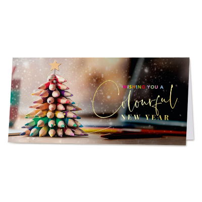 Creatieve nieuwjaarskaart met kleurrijke potloden en goudfolie (845.014) Creatieve nieuwjaarskaart met kleurrijke potloden en goudfolie (845.014)