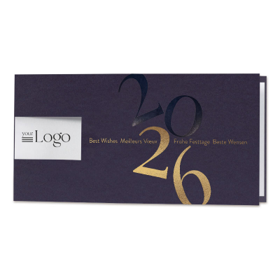 Donkerblauwe nieuwjaarskaart 2026 met folie en logo-uitkap (845.020) Donkerblauwe nieuwjaarskaart 2026 met folie en logo-uitkap (845.020)