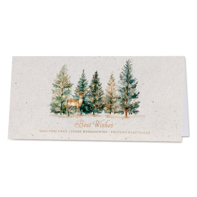Sfeervolle kerstkaart met rendier in bos en goudfolie (845.021) Sfeervolle kerstkaart met rendier in bos en goudfolie (845.021)