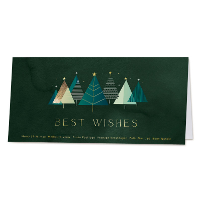 Moderne groene kerstkaart met strakke kerstbomen en goudfolie (845.089) Moderne groene kerstkaart met strakke kerstbomen en goudfolie (845.089)