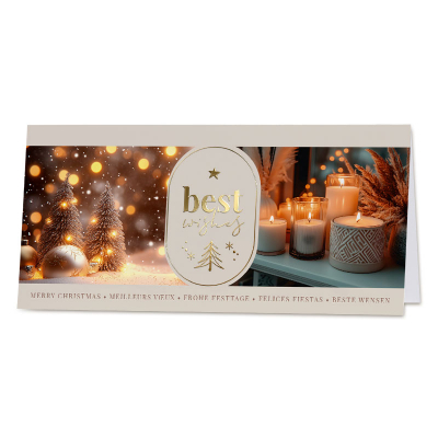 Sfeervolle kerstkaart met gouden lichtjes, kaarsen en goudfolie (845.096)